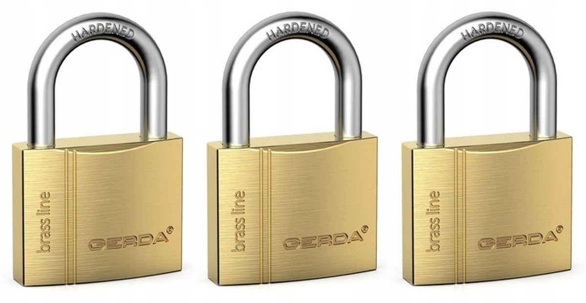 GERDA 3-delige hangsloten op 1 sleutel, messing, 40 mm