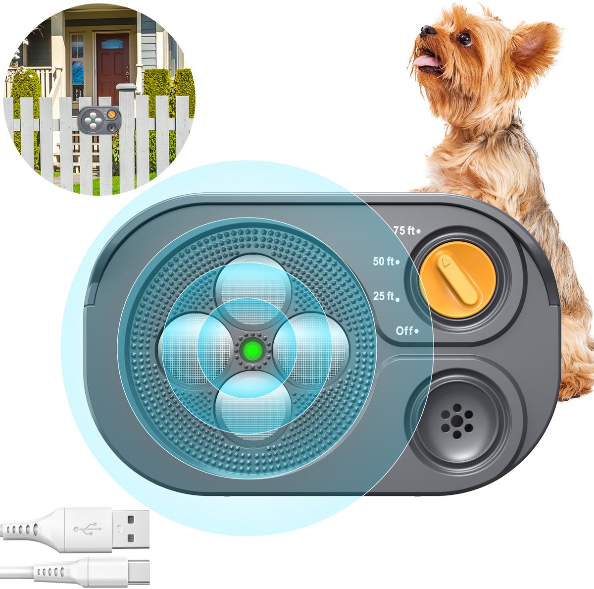 Een grijze blafonderdrukker voor honden - 12 × 3,8 × 7,5 cm - Oplaadbaar - Variabele ultrasone frequentie - IP65 waterdicht - Stopt effectief blaffen van honden - Effectief bereik tot 20 meter - Onschadelijk voor huisdieren