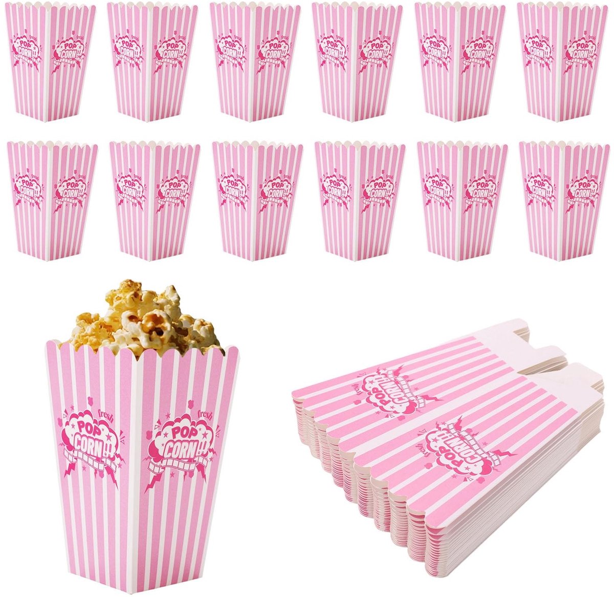Dailygoods- Popcorn Bakjes 24st - Klein Kartonnen Emmers - Roze/Wit Gestreept - Feestelijke Snackverpakkingen - Oliebestendig - 7x5x12cm - Snackbakjes