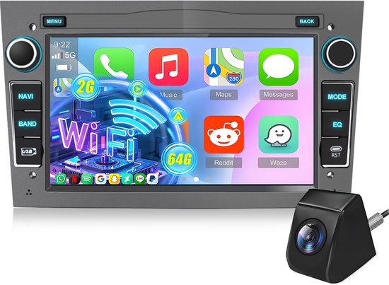 7-inch autoradio met touchscreen, WiFi-icoon en apps zoals Music, Maps, Reddit en Waze. Achteruitrijcamera ernaast.