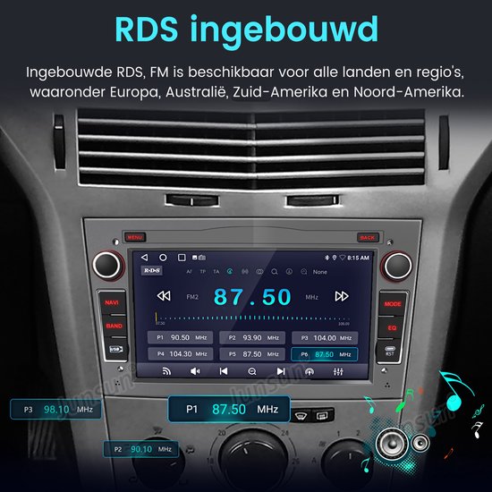 Autoradio met RDS, FM en een scherm waarop 87.50 MHz wordt weergegeven.