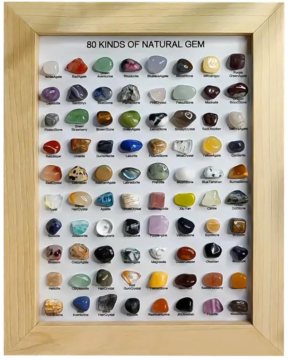 Dailygoods- Edelstenenset 80 mineralen - Natuurlijke kristallen - Verzameling voor kinderen - Decoratie - Cadeaus voor meisjes/jongens - Houten opbergdoos - Mineralenset