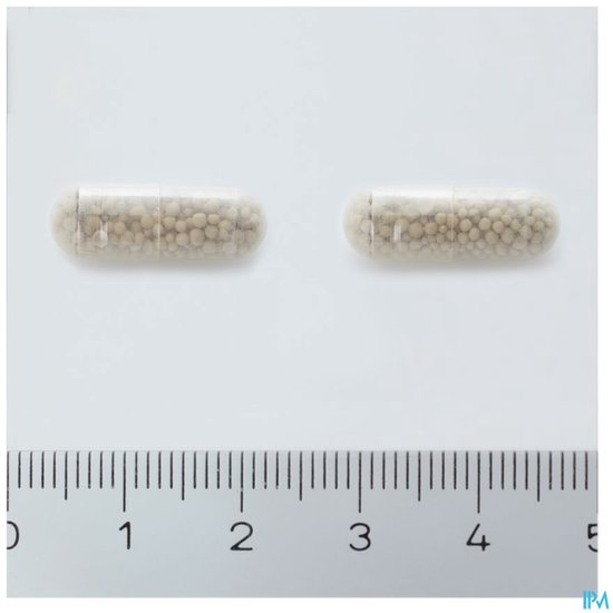 Twee doorzichtige capsules, gevuld met kleine korrels, naast een meetlat.