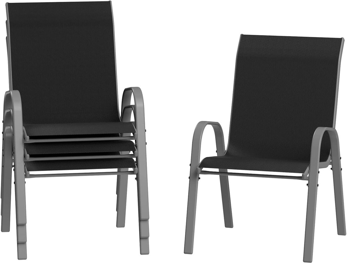 Set van 4 Stapelbare Tuinstoelen - Ademend Textilene - Weerbestendig & Roestvrij Metaal - Comfortabele Stoelen voor Tuin, Balkon en Terras - Zwart