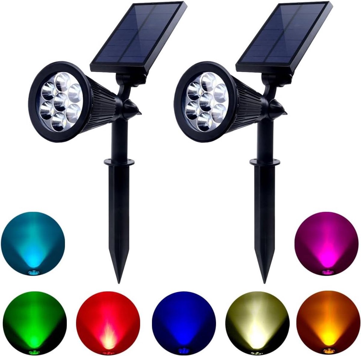 ZVD Waterdichte solar-spots voor buiten – set van 2 – LED-tuinspots met 7 kleuren – geschikt voor binnenplaatsen, tuinen, terrassen en gazons