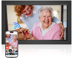 Cadre photo numérique HDeye FRAMEO – 15,6 pouces WiFi, écran tactile IPS, 32 Go, application Frameo, rotation automatique, montage mural – Noir