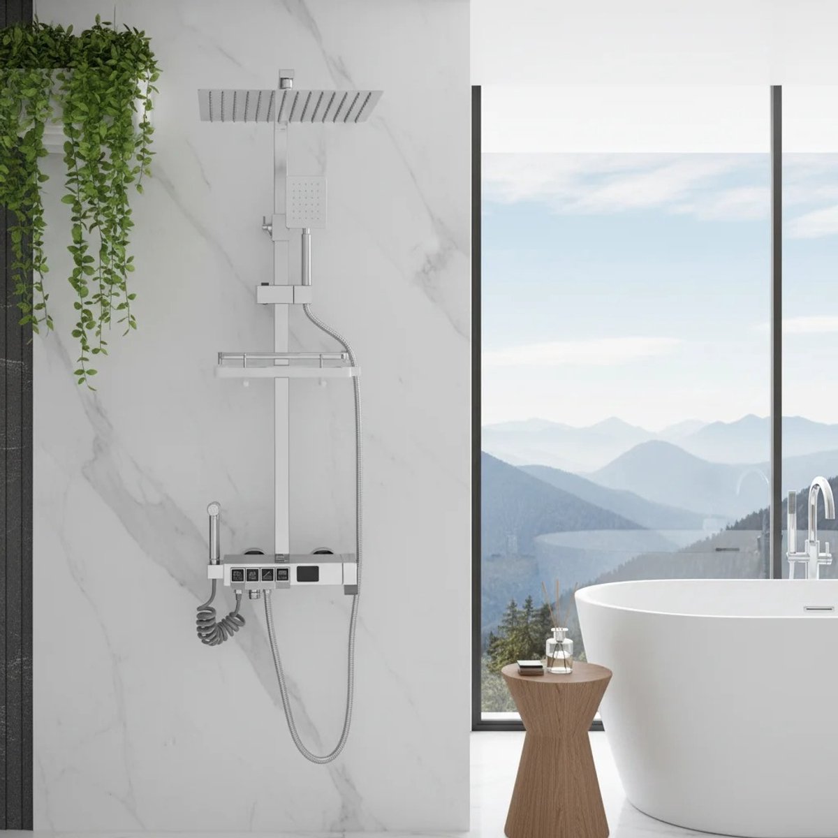 RosaBloom Doucheset - Luxe Regendouche met 4 Wateruitlaten - LED Temperatuurdisplay - Inclusief Handdouche, Bidetspuit en Opbergplank