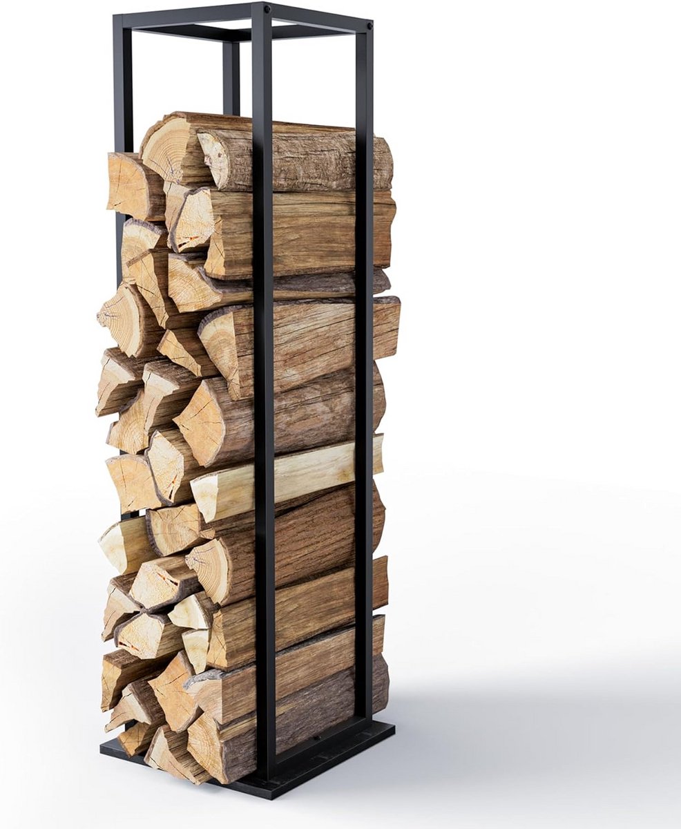 Haardhoutrek Metaal - Houtopslag Staand - Haardhout Opslag - 3 Hoogtes Instelbaar - 45x32x170 cm - Zwart