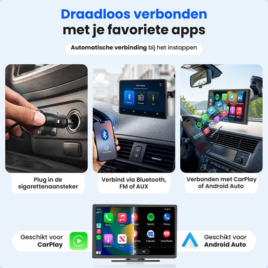 Draadloos verbonden met je favoriete apps via Bluetooth, FM of AUX. Automatische verbinding bij het instappen.