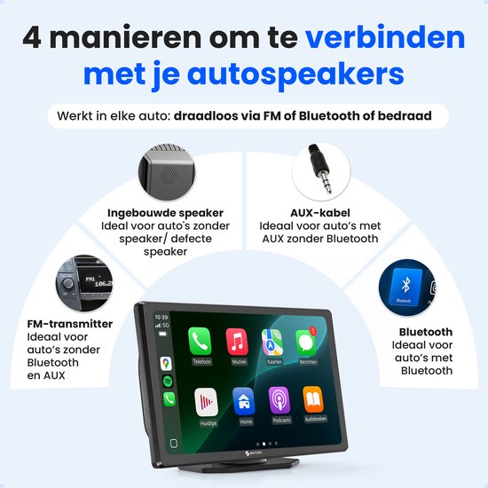 4 manieren om te verbinden met je auto speakers: ingebouwde speaker, AUX-kabel, Bluetooth, FM-transmitter.