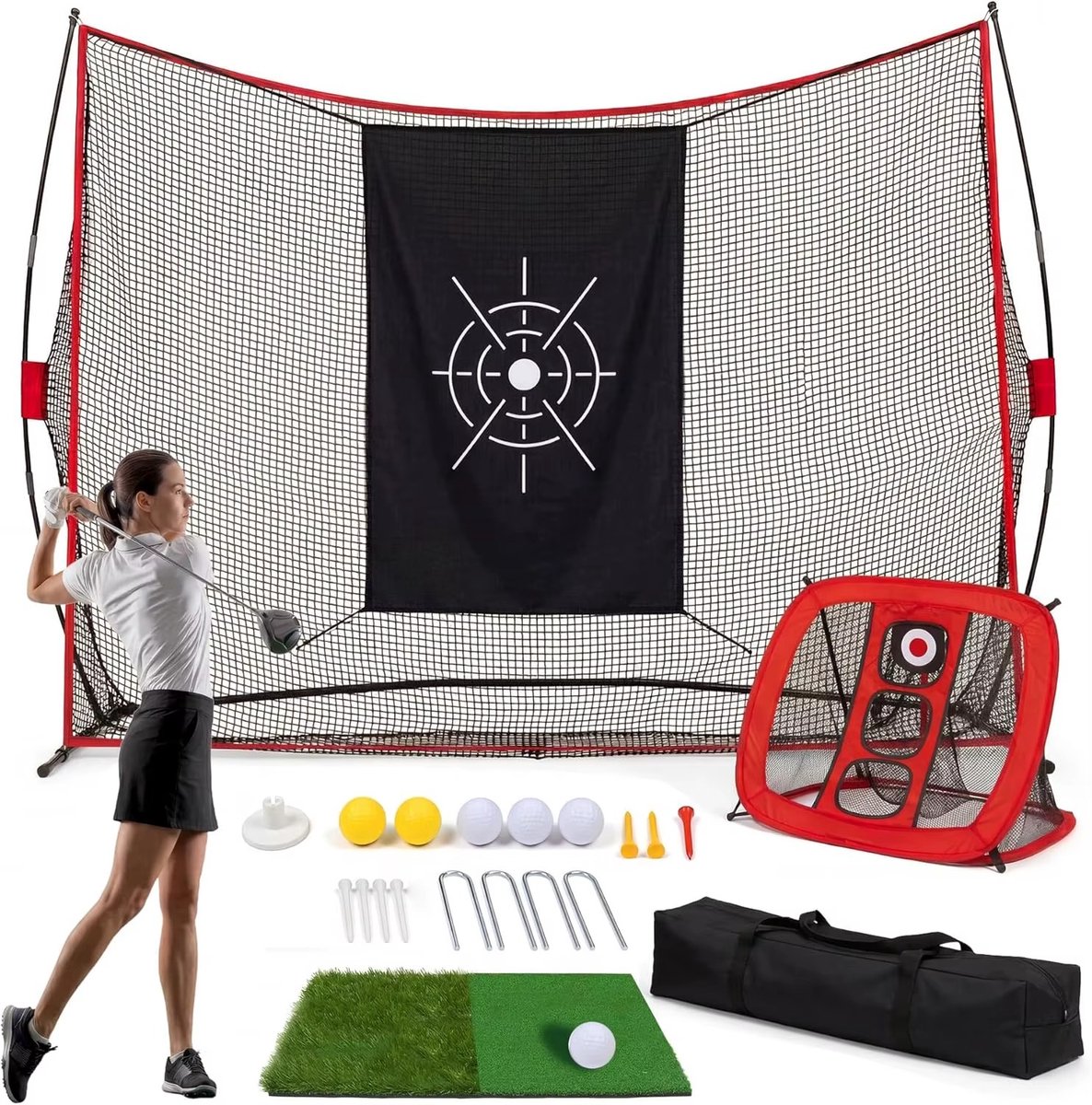 CreateEcom golf oefennet - golf trainingsnet - inclusief chipping net, mat en bijbehorende - scheurbestendig - rood - 300 x 210 cm