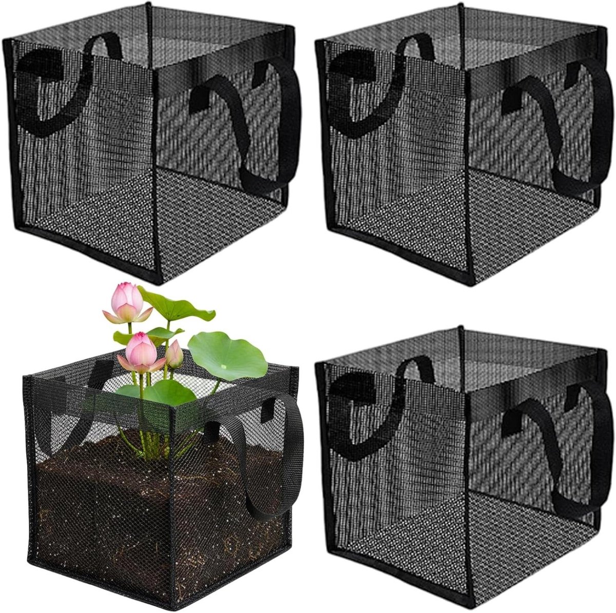 Vijvermand set - Netpotten planten - Waterplanten kweken - Ademend gaasontwerp - 4 stuks - Zwart