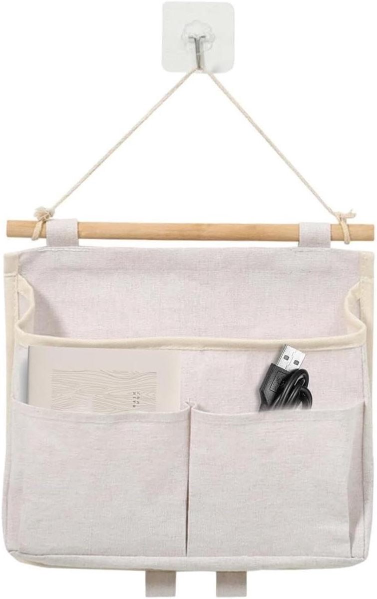 Wandzak met vakken - Opbergzak hanger - Ruimte besparen - Verstevigd met hout - 28x18x3 cm - Lichtgrijs