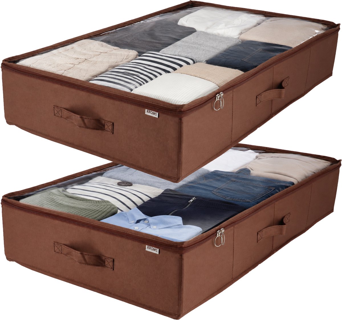 KROMS Under bed organizer set van 2 – Bruin – 80 x 50 x 15 cm – Premium opbergtas onder bed – Voor kleding, dekbedden & beddengoed – Opvouwbare kast organizer met rits