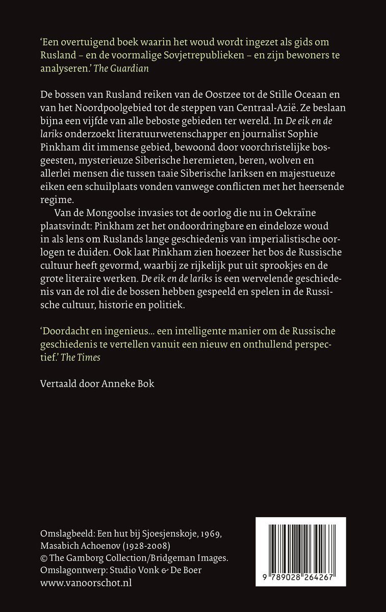 Achterkant van 'De eik en de lariks' met tekst, een streepjescode en informatie over de omslagillustratie.