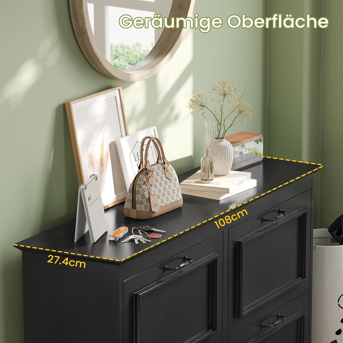 Schoenenkast 4 Kleppen - House&Garden Zwart Smalle Schoenenkast 108 cm - Schoenenkast Hal & Entree Modern Design voor 18-24 Paar Schoenen - Schoenenrek met Verstelbare Scheidingswanden - Ruimtebesparend MDF Metaal Anti-Kantel