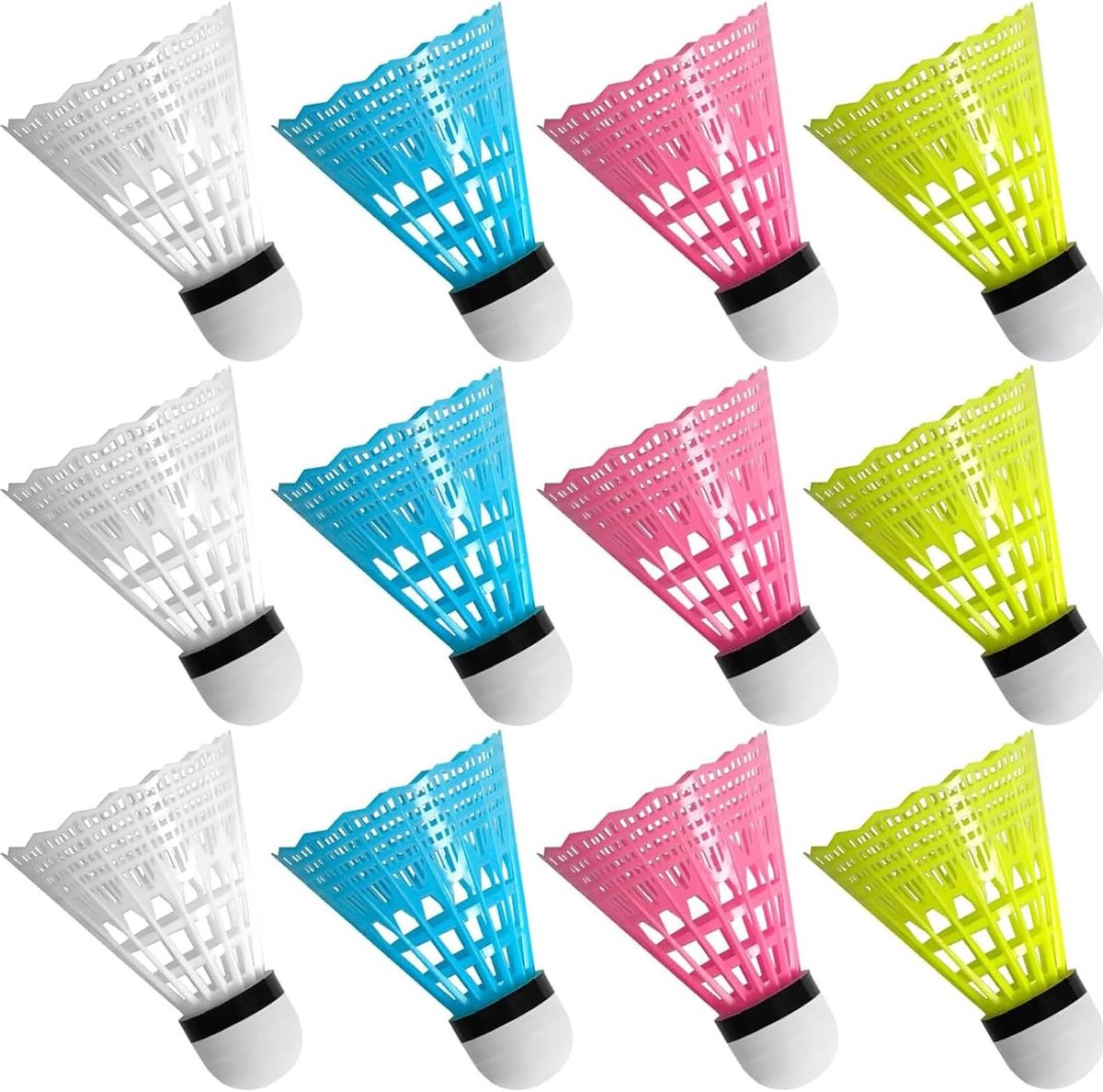 Badminton Shuttlecocks Set van 12, Nylon en Veer Shuttlecocks voor Binnen- en Buitensport, Geschikt voor Recreatief Spelen en Competitie, Kleur: Geel, Wit, Blauw