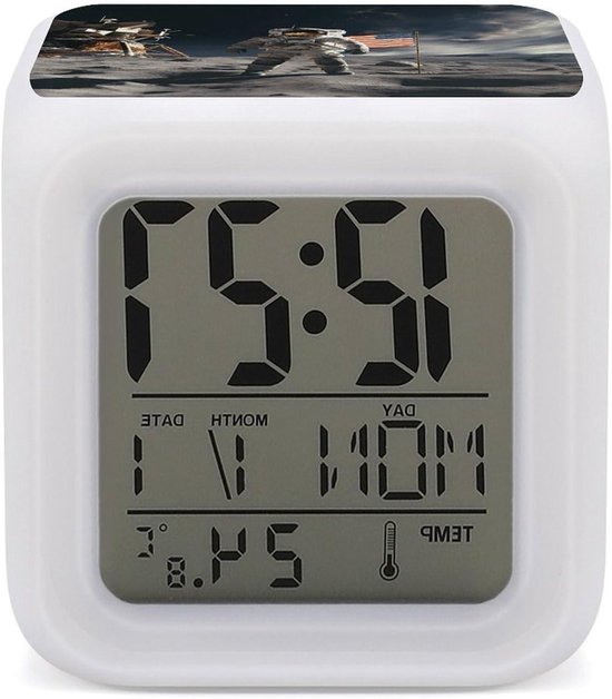 Astronaut Wekker - Kleine Klok - Kamer Decoratie - 7 Kleuren Nachtlampje - 3.1x3.1x3.1 Inch - Wit