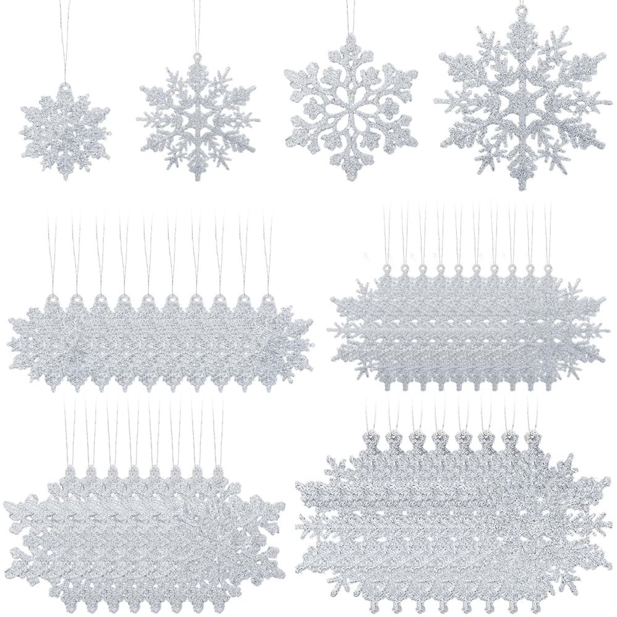 SOUQONE - 36 Stuks Zilveren Sneeuwvlok Ornamenten voor Kerstdecoratie
