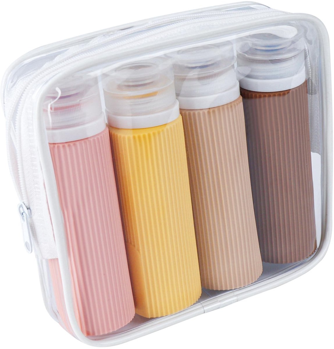 SOUQONE- Reisflessen Set van 4 - Silicone Toilettassen - Lekvrij Reiscontainers - Reisflessen voor Shampoo/Lotion - BPA-vrij - Transparante Opbergtas met Rits - Toilettas