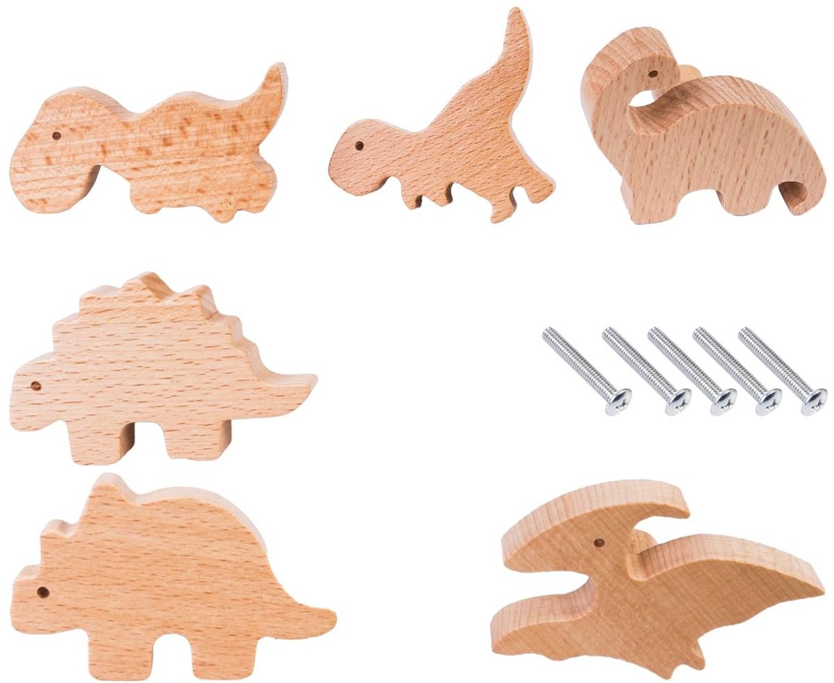 Dailygoods- Dinosaurus Handgrepen - 6 Stuks - Massief Houten - Creatieve Lade/Kastgrepen - Ergonomisch Ontwerp - Duurzaam en Stevig - Meubelgrepen