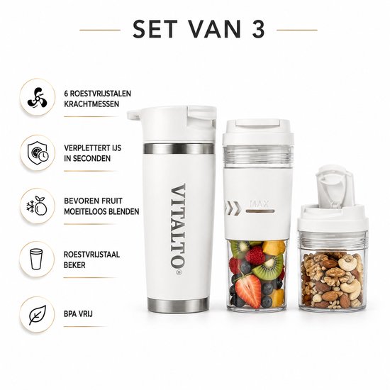 VITALTO - Draagbare Blender - Portable Blender - Blender To Go - Smoothie maker - BPA vrij - 700ML-USB-C Oplaadbaar- Wit van VITALTO — afbeelding 3