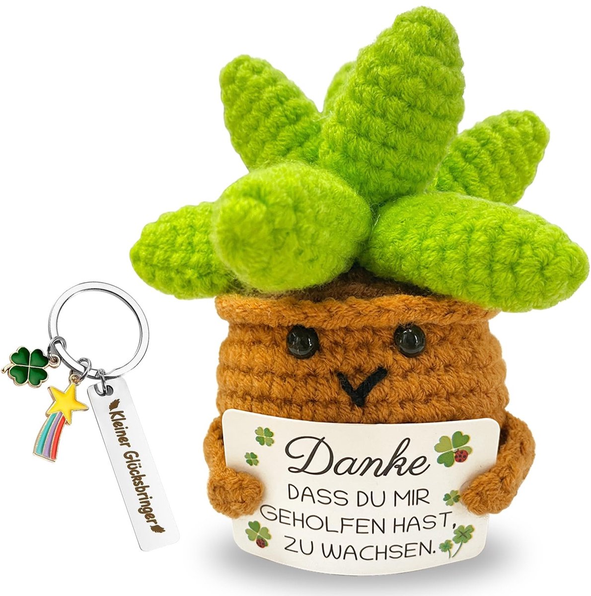 Dailygoods- Sleutelhanger Geluksbrenger - Gebreide Bloem - Zonnebloem - Cadeau voor Vrienden - Positieve Handgemaakte Geschenken - Klavertje Vier
