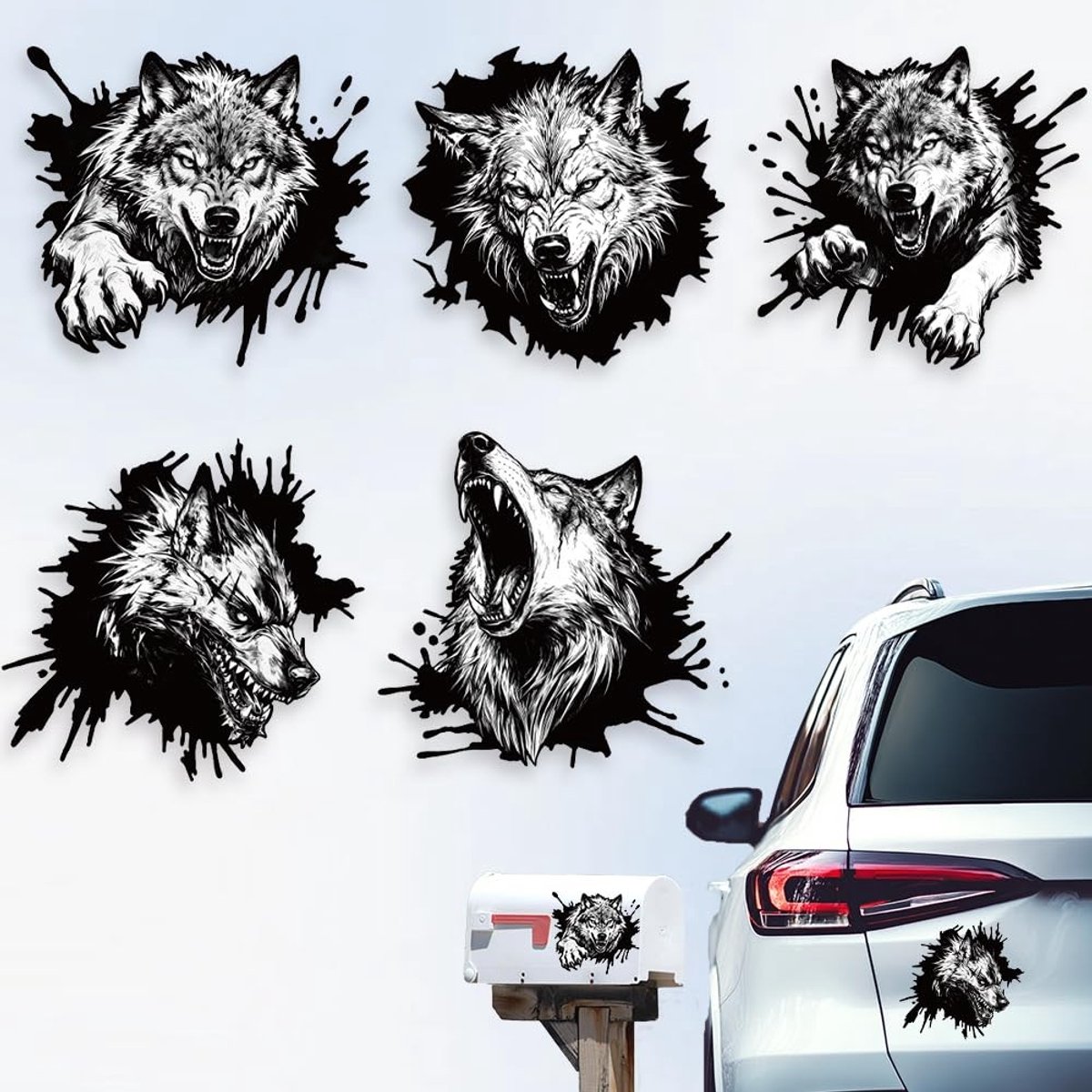 Dailygoods- Autostickers Wolf Design - 5 Stuks - Vinyl Stickers - Dieren Decoratie - Voor Auto Raam/Lichaam - 15,5 cm x 14,8 cm - Voertuigsticker