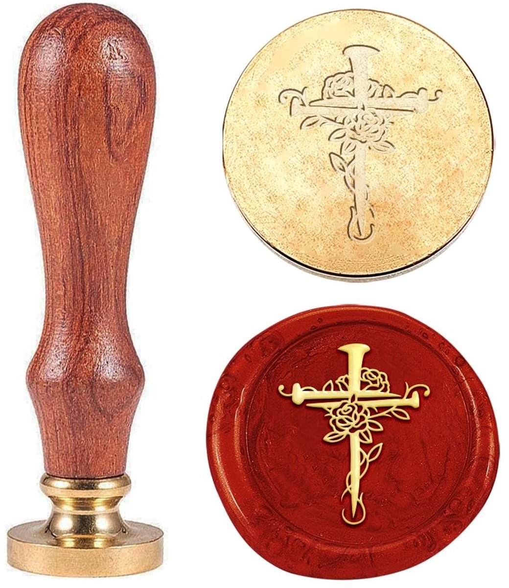 JHUBERS- Waszegelstempel Vintage - Kruis/Roze Design - 25 mm - Afneembare Messing Stempelkop - Houten Handvat - Voor Enveloppen/Uitnodigingen - Zegelstempel