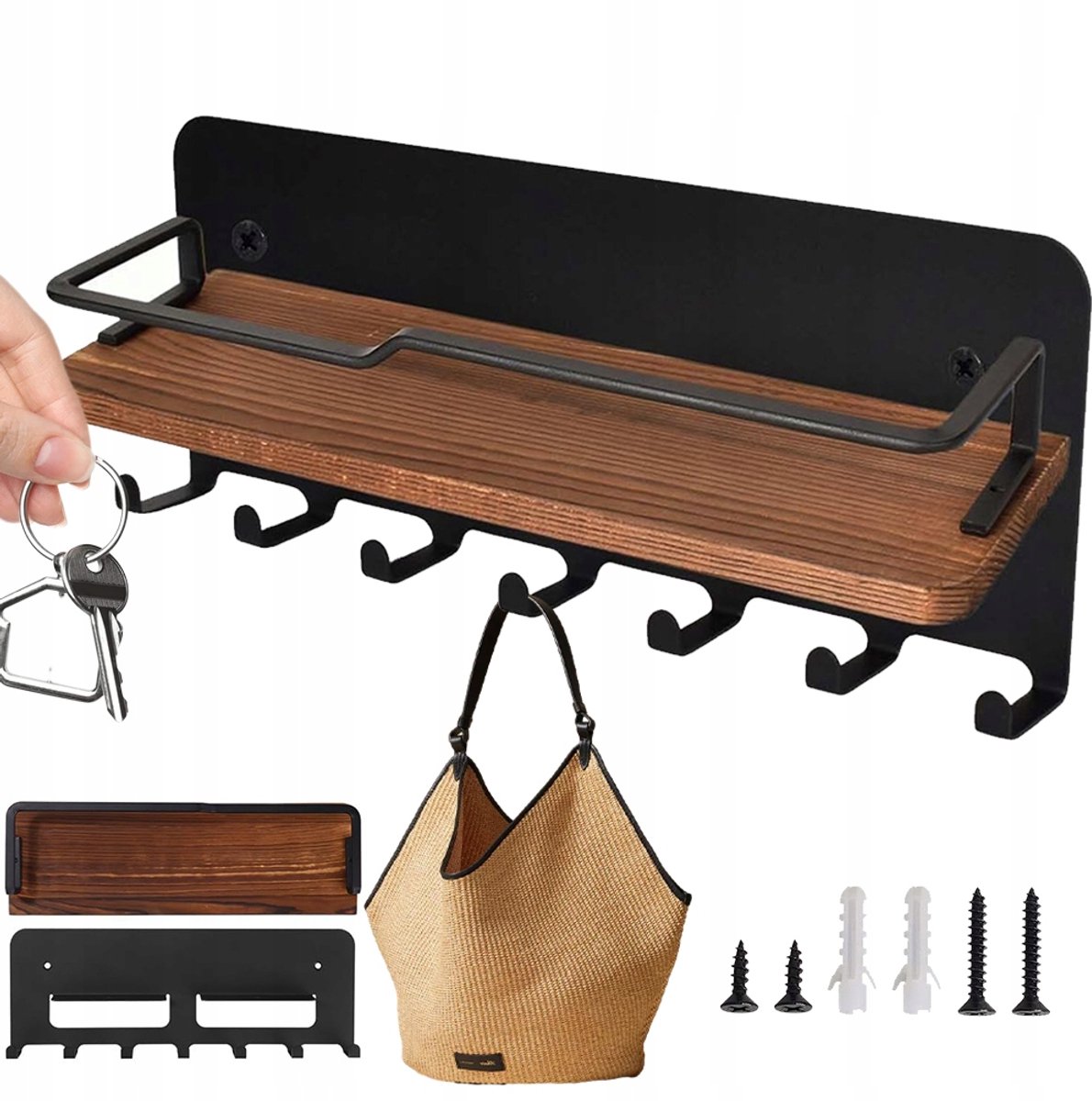 Wandrek met 7 Haken en Plank - Zwart & Hout