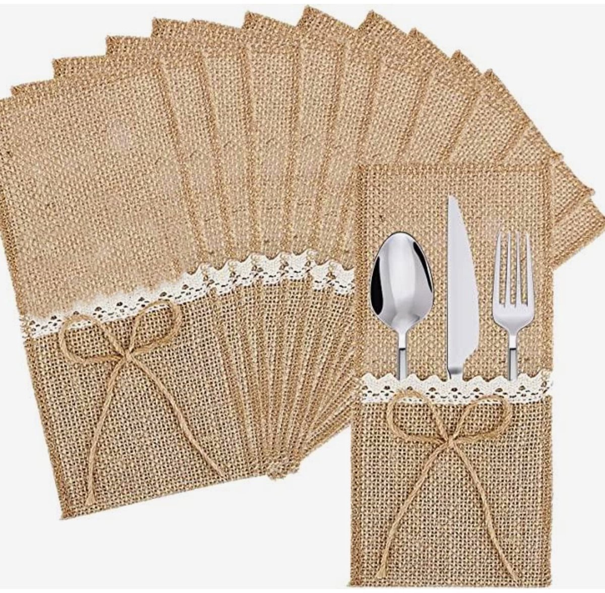 JHUBERS- Bestektas 12 Stuks - Jute met Witte Kant - Waterdicht en Vlekbestendig - Herbruikbaar - Retro Elegant Ontwerp - Perfect voor Bruiloften en Feestelijke Gelegenheden - Servieshoes