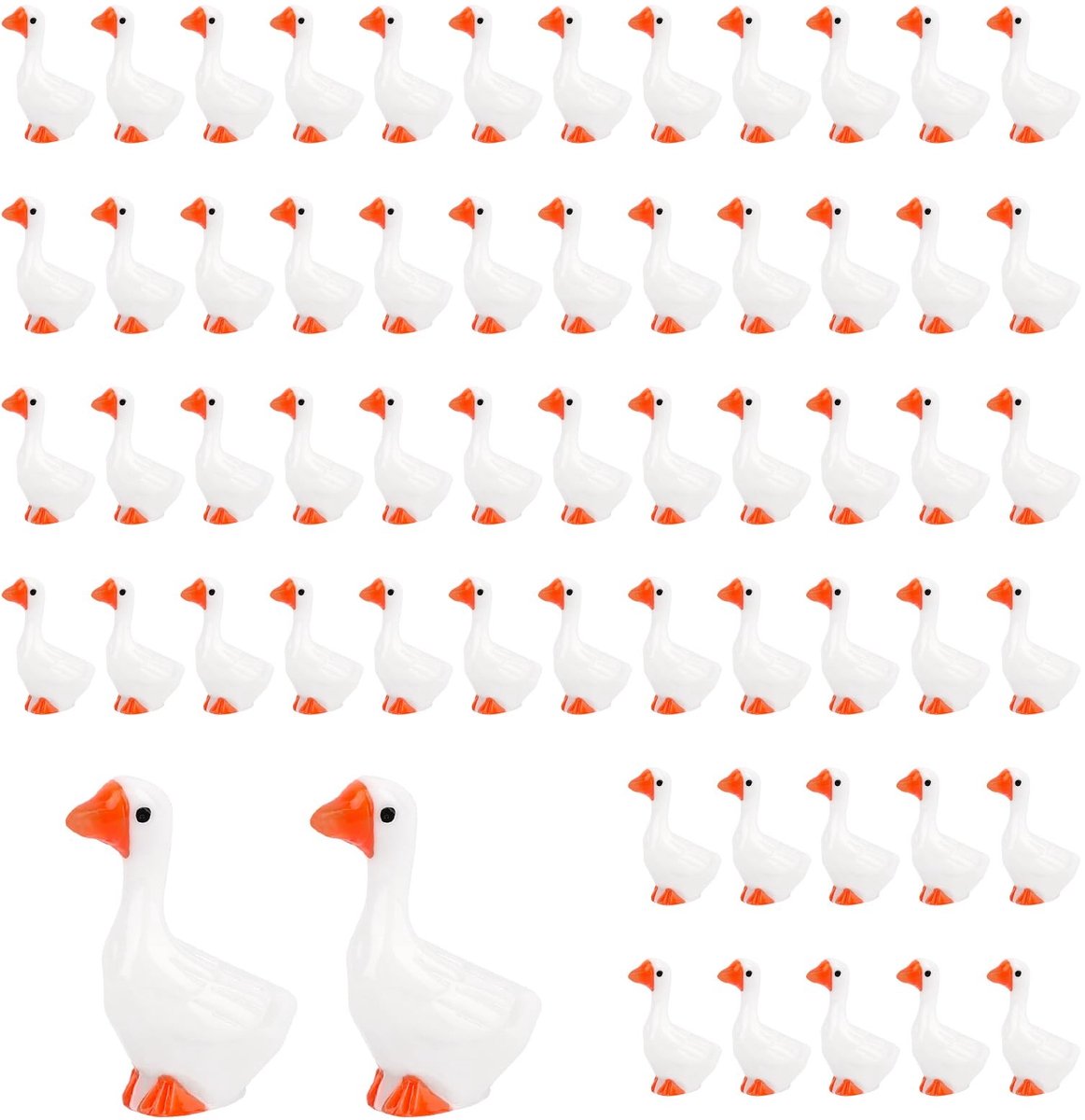 JHUBERS- Ganzenbeeldjes 60 Stuks - Mini Hars Decoratie - Tuindecoratie - Dashboarddecoraties - Bureau-Ornamenten - Wit/Oranje - Schattig en Stevig - Decoratiebeeldjes