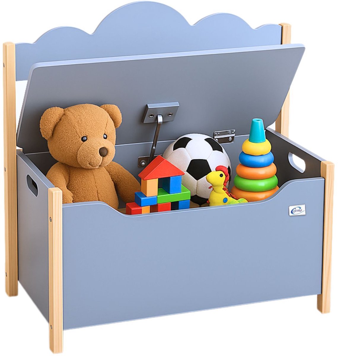 Coemo Speelgoedkist met Bankje, Houten Kist Grijs TRUDI 60×26×55 cm – Kinderkamerbankje met Opbergruimte, Speelgoedkist met Veiligheidsscharnier, Kindvriendelijke Zithoogte, Decoratief Wolkendesign