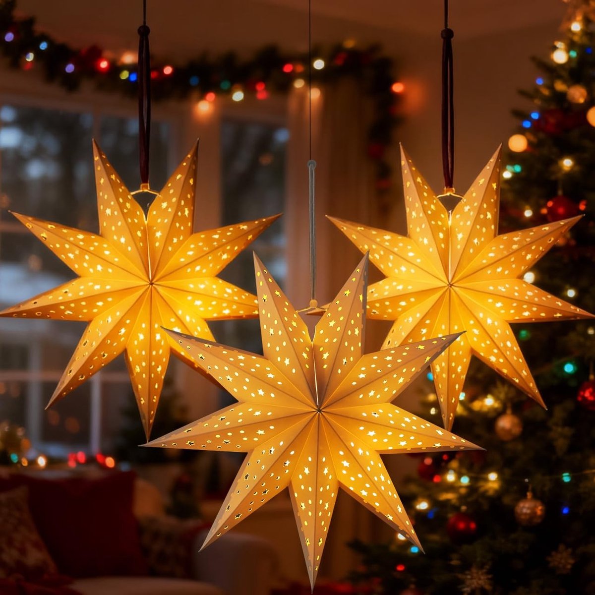 JHUBERS- Kerstster 35 cm - Papieren Lampenkappen - 3 Stuks - Hanglamp Ster - Wit Papier - Decoratie voor Feesten - Lampenkap