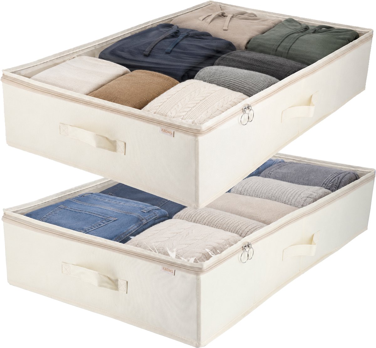 KROMS Under bed organizer set van 2 – Beige – 80 x 50 x 15 cm – Premium opbergtas onder bed – Voor kleding, dekbedden & beddengoed – Opvouwbare kast organizer met rits