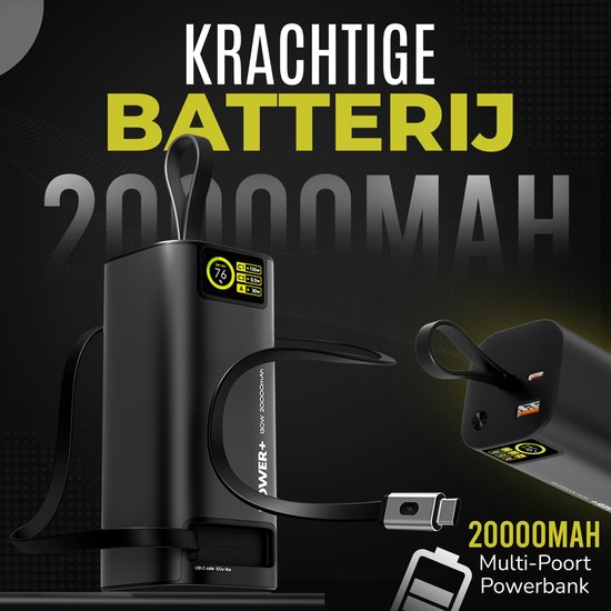 Zwarte 20000mAh powerbank met 130W, multi-poort en LED display. Laadt apparaten snel op.