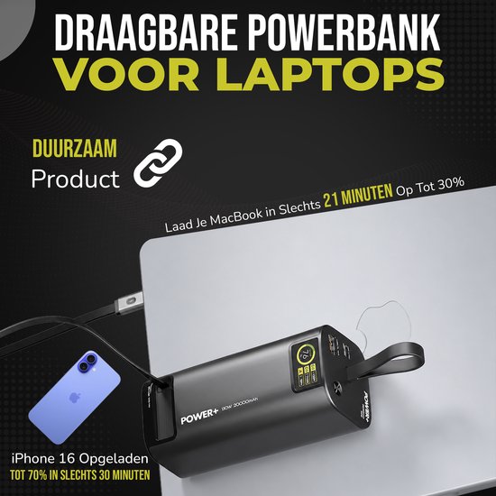 Zwarte powerbank 130W 20000mAh laadt MacBook op in 21 min en iPhone 16 in 30 min.