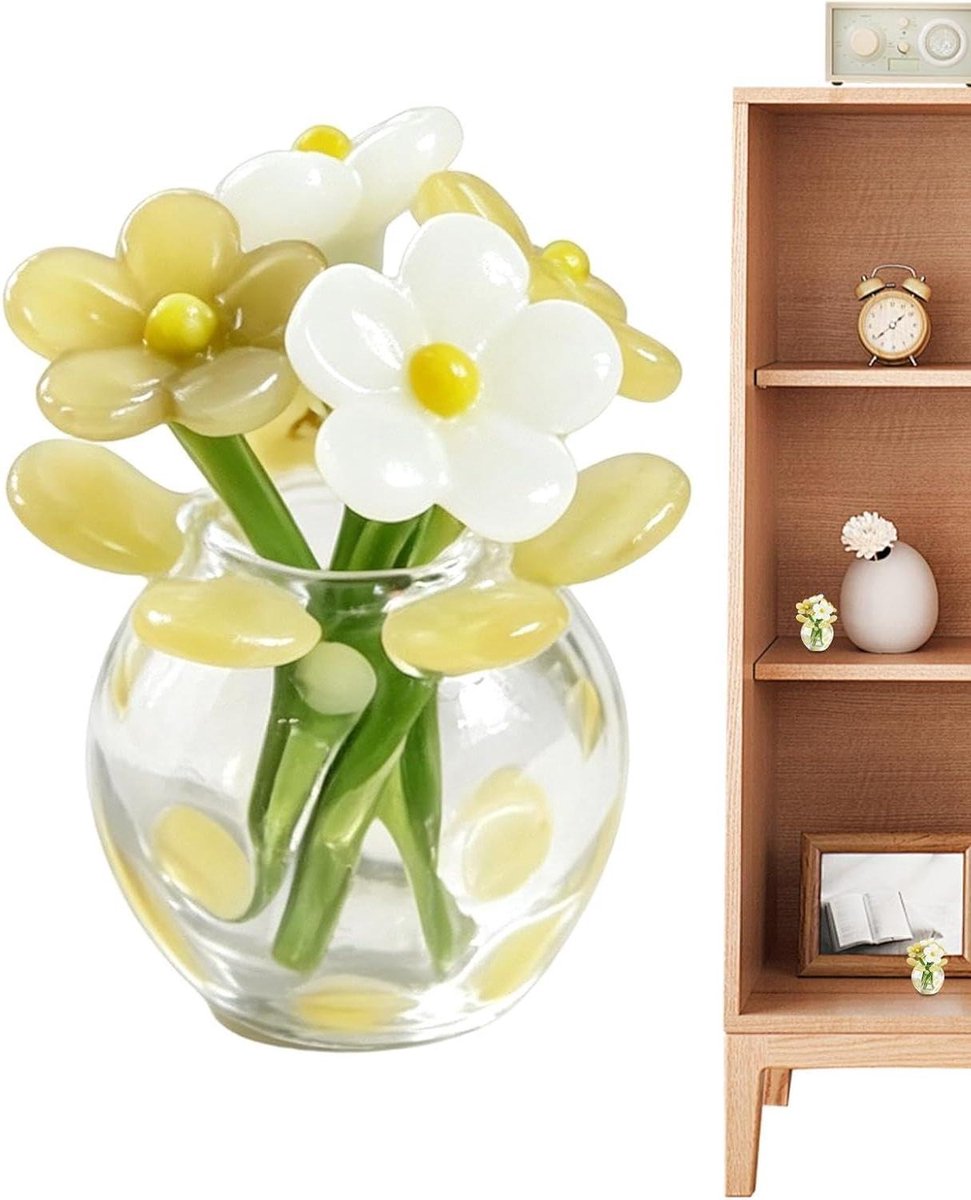 Miniatuur Glazen Bloemstuk - Kunstboeket Vaas - Woonkamer Decoratie - Handgemaakt Glaswerk - 3x3x4 cm - Geel