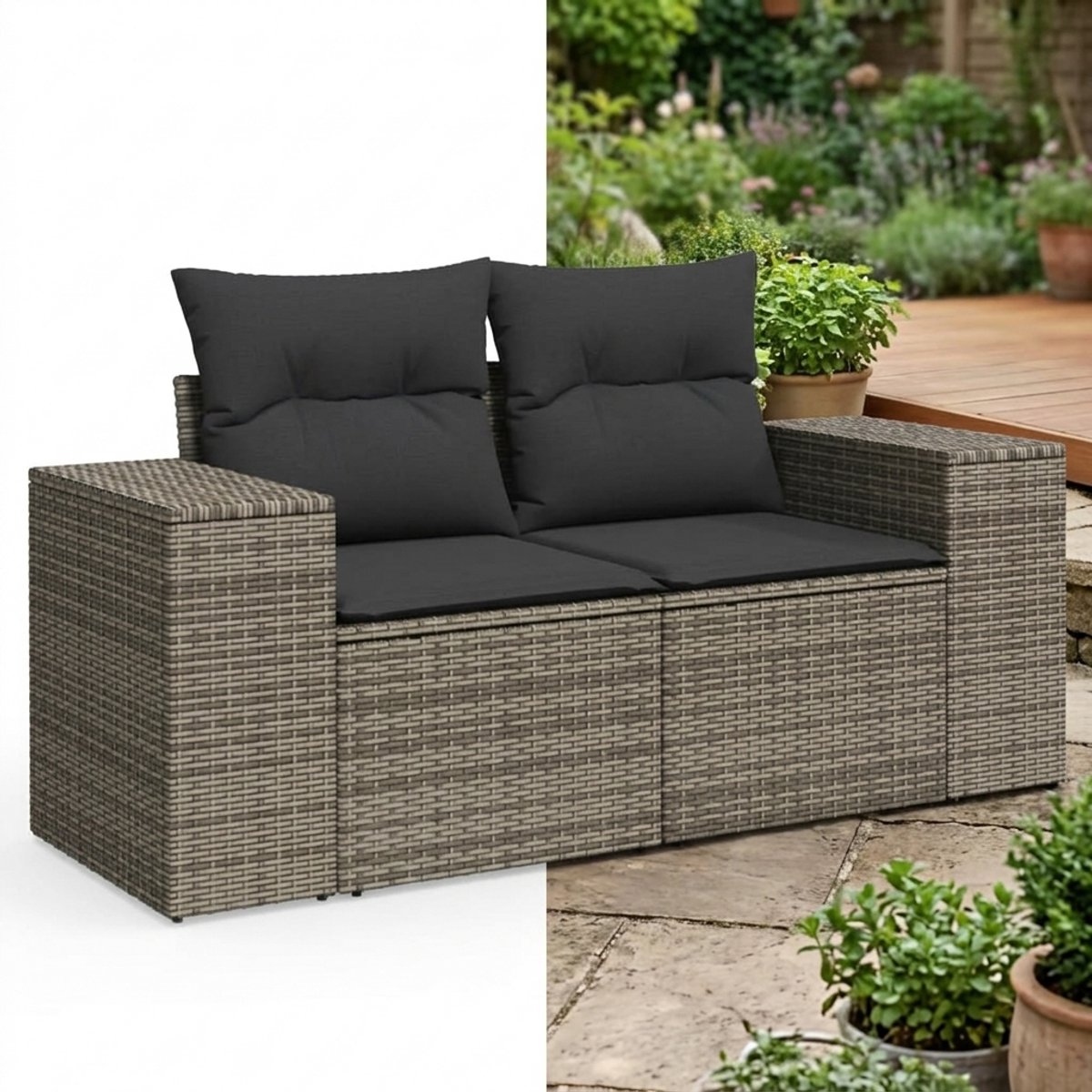 Tuinbank met opbergruimte - Lounge Bank - Buitenbank - Tuinset - Houten Bank - Modulair Bankstel - Balkon Set - Poly rattan - Grijs