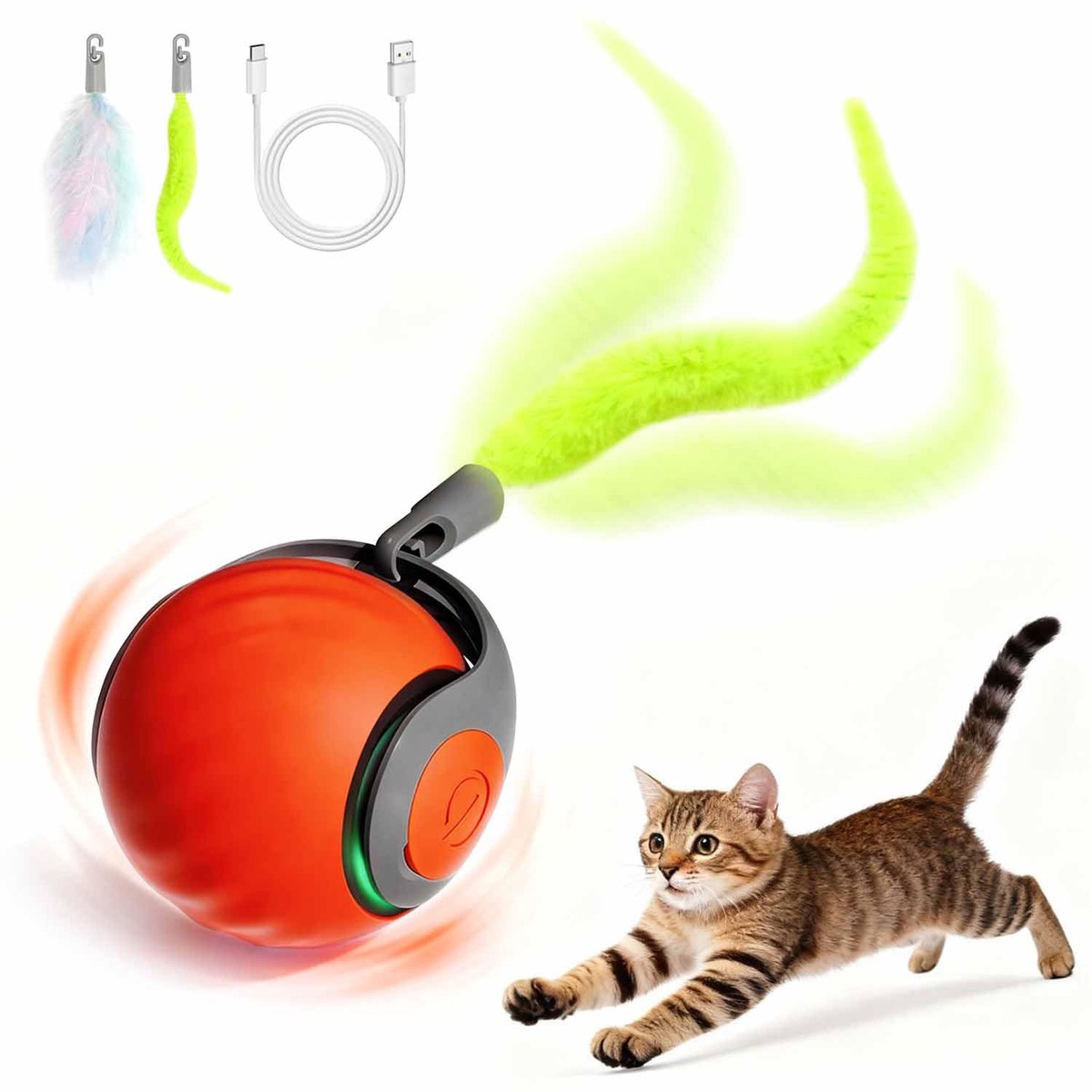 Interactief Katten Speelgoed - Oplaadbare Bewegende Bal - Met Verenstaart - 2 Snelheden - Voor Binnenkatten