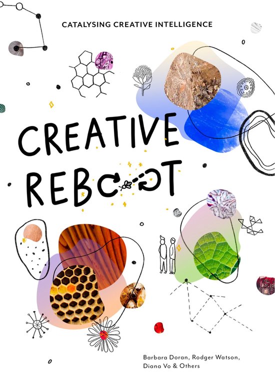 Boekomslag 'Creative Reboot' met collage van abstracte vormen, patronen en tekst. Titel staat centraal.