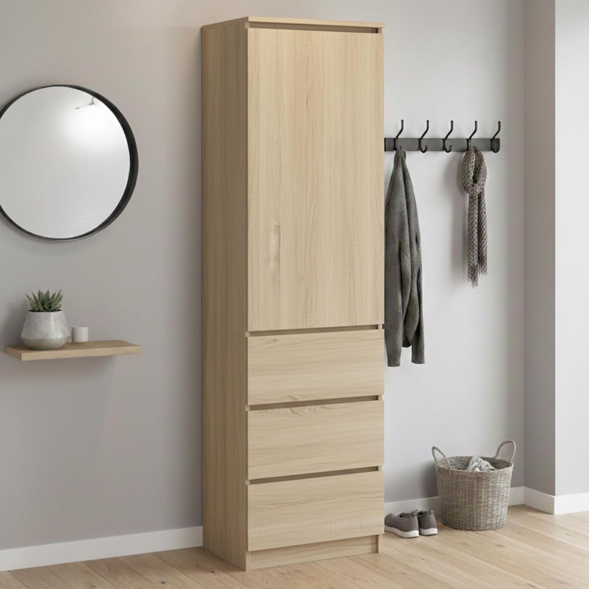 Kledingkast - House&Garden Oslo Garderobekast met 3 Laden en 3 Planken - Multifunctionele Opbergkast voor Slaapkamer, Hal en Thuiskantoor - Smalle Kast 50 x 40 x 180,5 cm - Sonoma Eiken