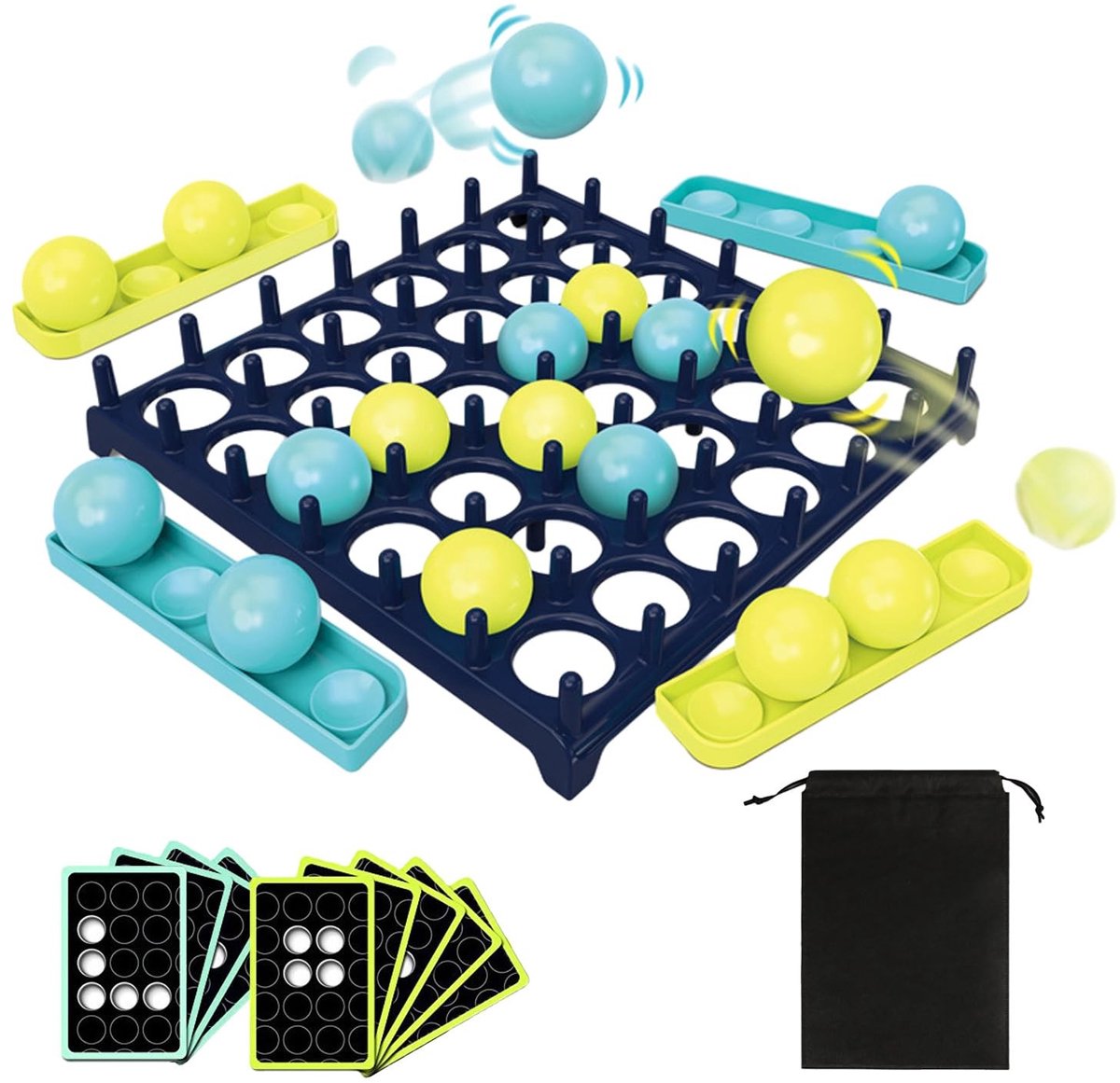 Dailygoods- Springbal Tafelspel 16 Stuks - Buitenspeelgoed - Decompressiespel - Spelletjes voor Kinderen - Plastic - Zwarte Vliestas met Trekkoord - Spel