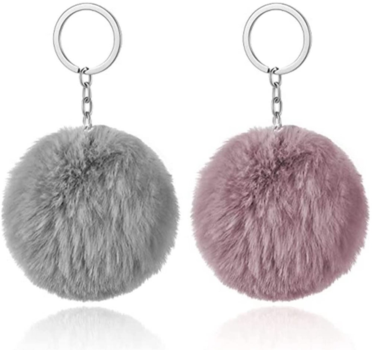 Dailygoods- Sleutelhanger Set van 2 - Pluizige Pompon - Grijs/Roze - Robuuste Ring - Modieus Accessoire - Zacht en Aangenaam - Pomponhanger
