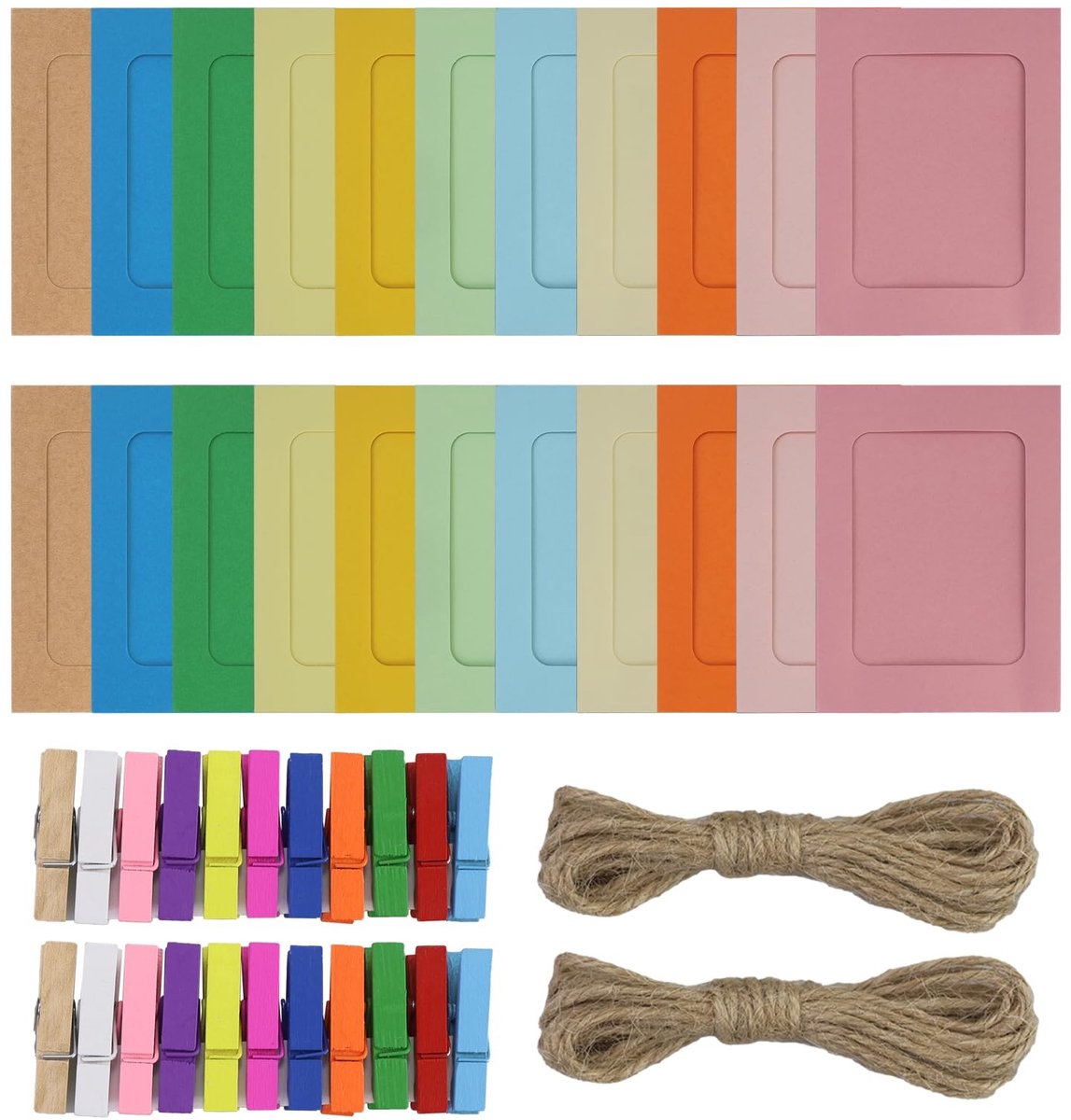 Dailygoods- Fotolijsten 20 stuks - Papieren Fotolijsten 11,5x15,5 cm - DIY Fotolijst met Houten Klemmen - Henneptouw - Veelkleurig - Lichtgewicht en Duurzaam
