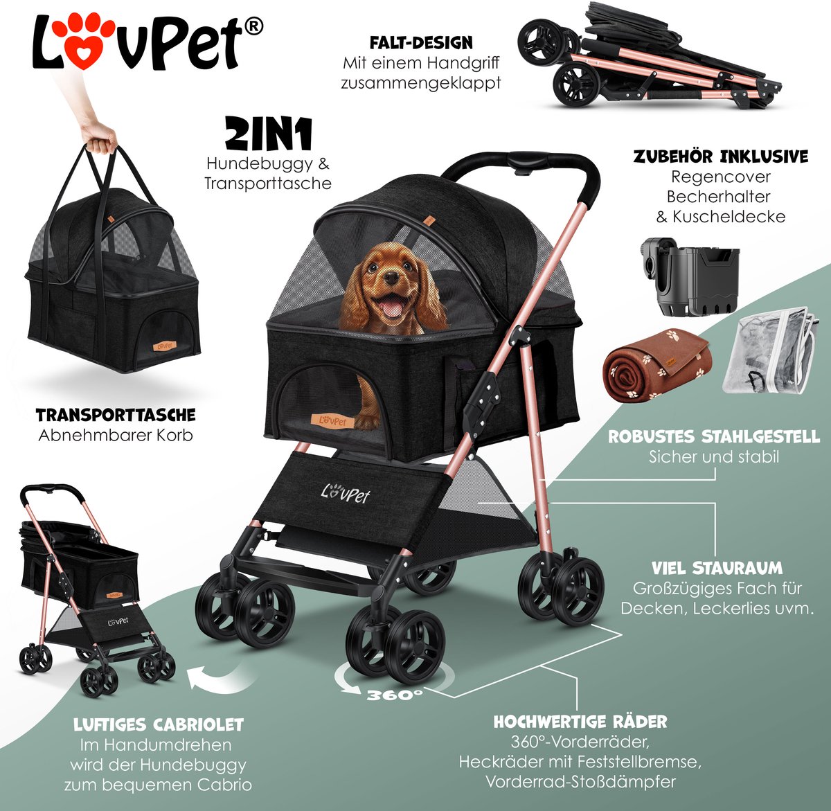 LOVPET® Hondenbuggy 2in1 Huisdieren Wandelwagen Buggy met Transporttas Opvouwbaar tot 20 kg Hondenwandelwagen met Gaasramen & Regenhoes Jogger Kattenbuggy voor Kleine Honden Katten Hondenbox - Zwart – foto 7
