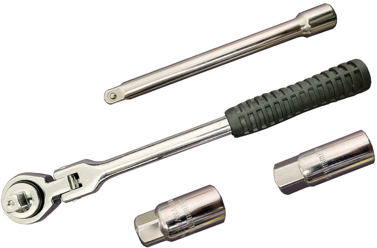 Dailygoods- Ratelmoersleutel 4-Way - Ratelsleutelset - 3/8" Aandrijving - 6" Verlengingsstaaf - Rubber Handvat - Schokbestendig Roestvrij Staal - Ratelsleutel