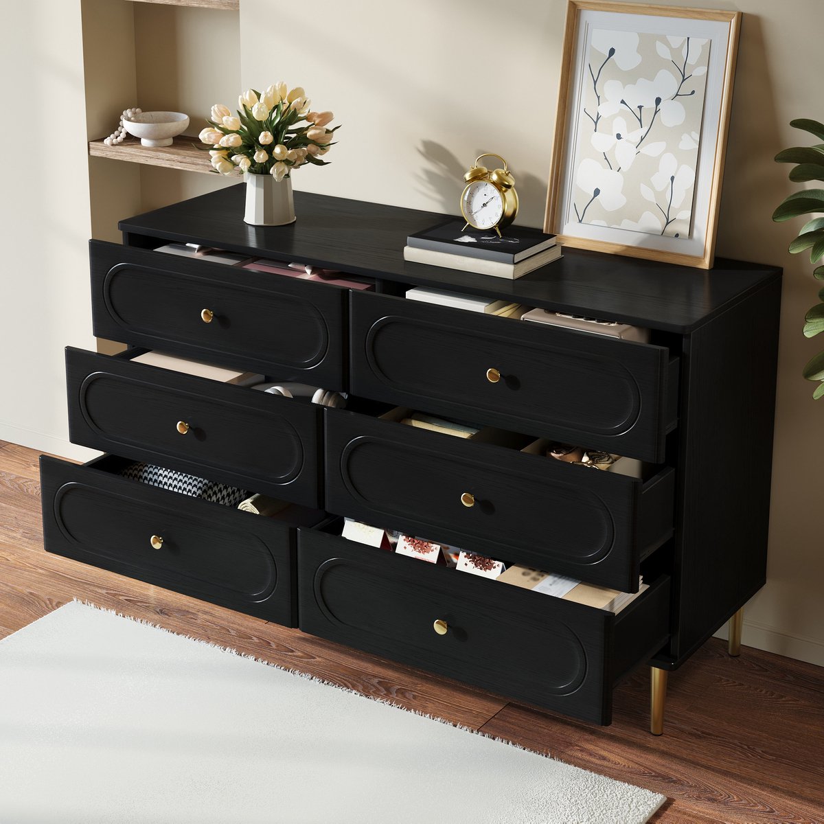 STILVORA Dressoir - 6 Laden Met Ovale Fronten - Opbergkast Voor Woonkamer En Slaapkamer - MDF En Spaanplaat - 120x40x75 Cm Zwart