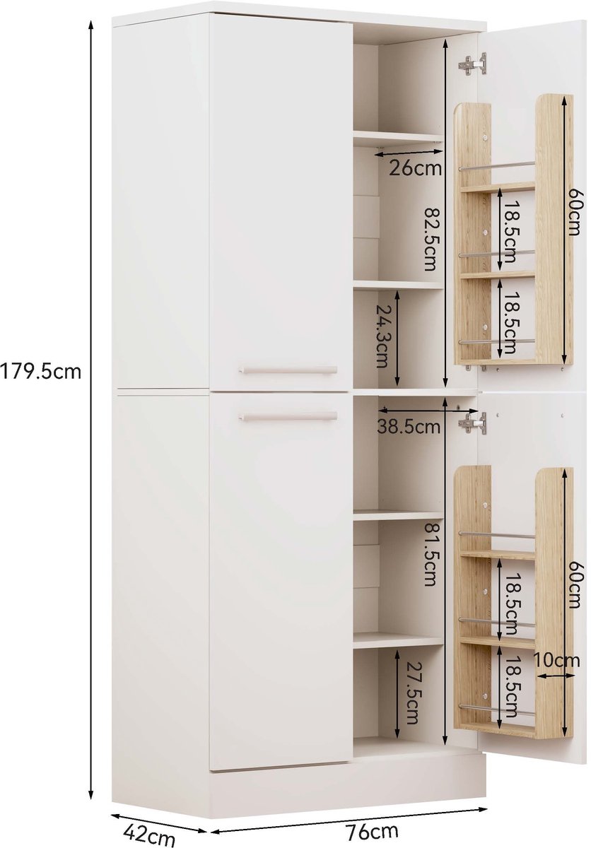 OKWISH Keukenkast Voorraadkast – Hoogglans Wit – 76x42x180 cm – 4 Deuren – Verstelbare Planken – Ruimtebesparende Opbergruimte – MDF — cadeau in Cadeau-ideeën - foto 2
