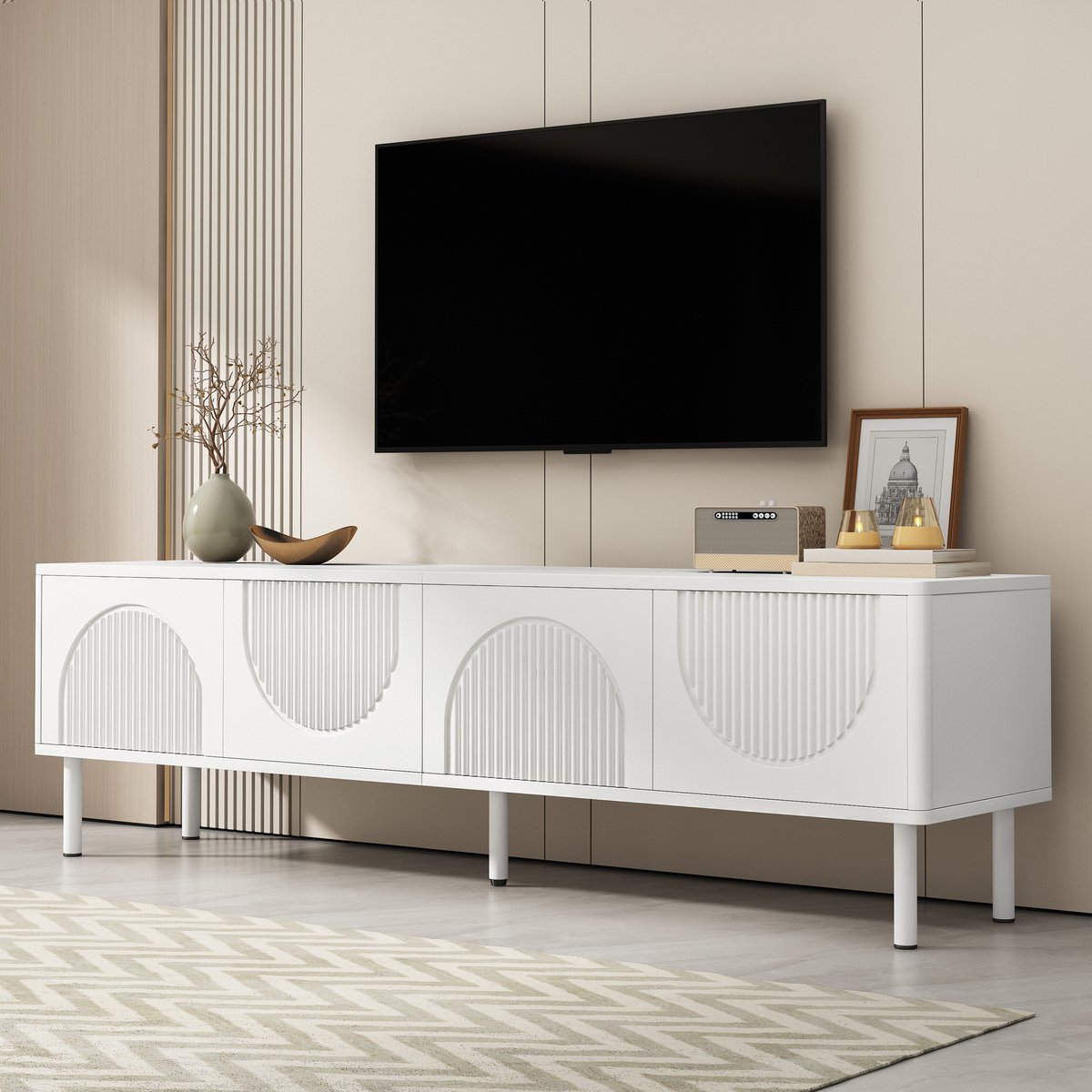 OKWISH Tv-Meubel - Met Kabeldoorvoer En 4 Gesloten Vakken - Voor Woonkamer Slaapkamer Of Hal - MDF En Spaanplaat Wit - 180x40x52 Cm
